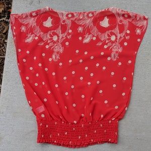 Red sheer Shirt with white flowers and poka dots